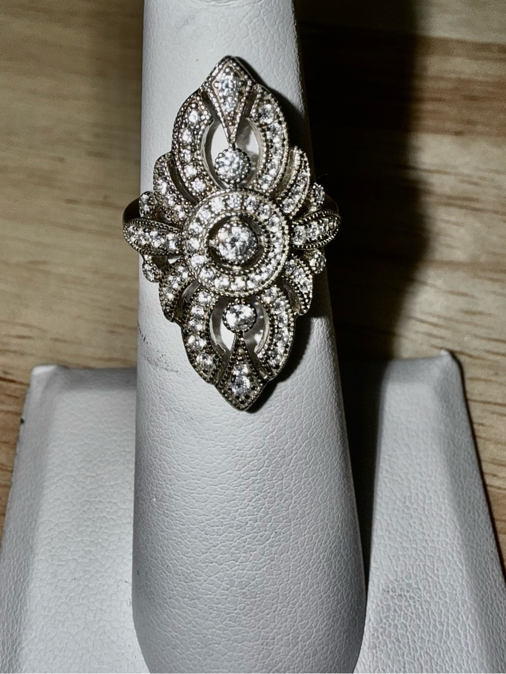 Vintage-Inspired Silver Crystal Filigree Cocktail Ring - Size 4
